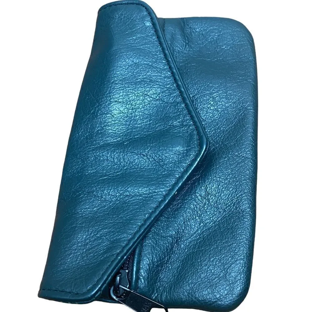 Tromet Dark green leather fold over snap wallet with two zippered compartments